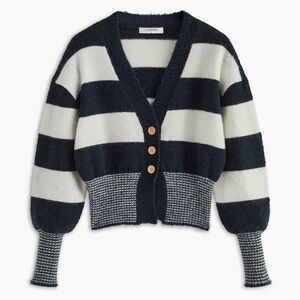Commense Navy and White Striped V-Neck Button Cardigan